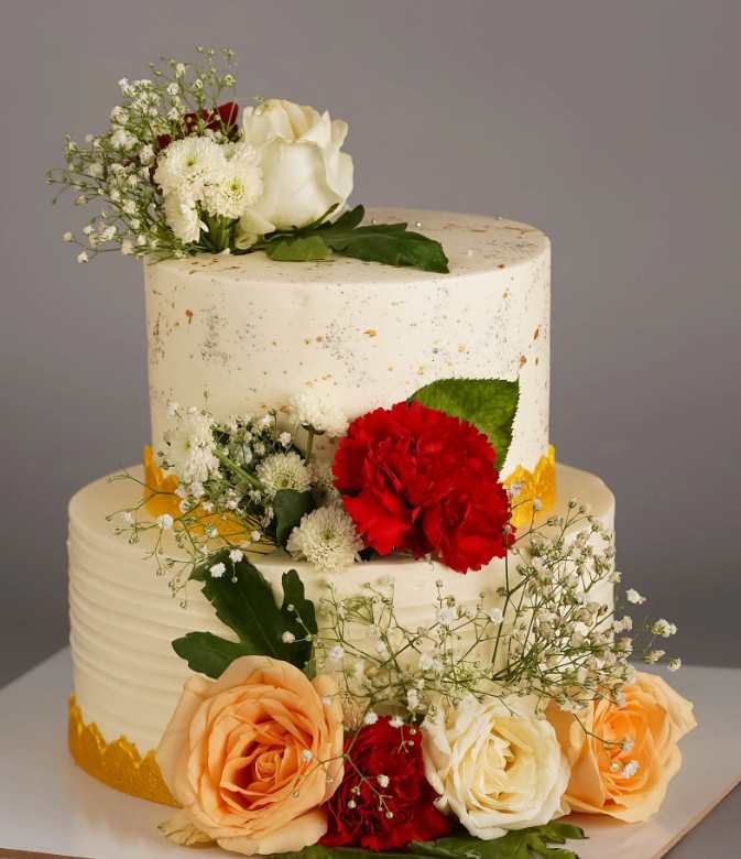Pastry chef carefully decorating a tiered wedding cake
